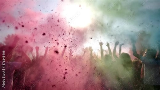 A vibrant celebration of color and joy with people throwing powder.