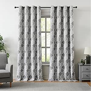 Geometric Curtains for Bedroom Gray Trellis Moroccan Pattern Drapes Full Blackout 90 Inch Length Room Darkening Thermal Insulated Noise Reducing Window Treatments Sets, 2 Panels