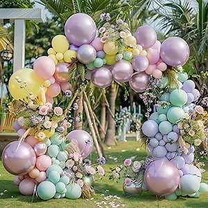 Pastel Balloon Garland Arch Kit Double Stuffed, Baby Pink Purple Yellow Green Balloons with Metallic Lilac Latex for Baby Shower Princess Birthday Spring Easter Flower Fairy Party Decoration