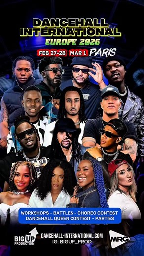BIG UP PRODUCTION ®️ on Instagram: "DANCEHALL INTERNATIONAL EUROPE 2026 February 27-28-March 01 📍Paris, France Join us to celebrate the 15th anniversary! 🥳 ✅ Workshops ✅ Battles 1VS1 Pro 1VS1 Female 2VS2 Afro VS Dancehall (The revenge) Big League Battle All Styles Battle ✅ Dancehall Queen Intercontinental Contest 👑 ✅ Choreo Contest Duo Teams ✅ Parties, Shows & Many surprises 📧 Register now via email dancehall.international@gmail.com Discounts for groups and special offers for teachers! Email