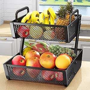 SAYZH Fruit Basket Bowls For Kitchen Counter with Banana Hangers - Detachable Metal Mesh Basket Fruit Stand with Handle - Kitchen Vegetables Bread Snacks Storage Organization, 2 Tier Black
