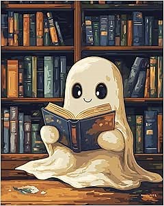 Ghost Reading a Book Paint by Number for Library Decor, Halloween Paint by Numbers Kit for Adults, Cute Ghosts Reading Acrylic Painting for Holiday Gift, Home Reading Room Decor(16x20inch, No Frame)