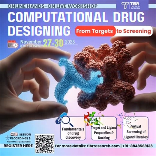 TIBR Biotech on Instagram: "🚀 𝐋𝐞𝐯𝐞𝐥 𝐔𝐩 𝐘𝐨𝐮𝐫 𝐃𝐫𝐮𝐠 𝐃𝐢𝐬𝐜𝐨𝐯𝐞𝐫𝐲 𝐒𝐤𝐢𝐥𝐥𝐬! 🧬 Join our intensive 4-Day online workshop: Computational Approaches in Drug Discovery: From Targets to Screening. Learn the entire pipeline, from Target Identification and Protein/Ligand Preparation to Molecular Docking and Virtual Screening, using tools like AutoDock Vina, SwissDock, UCSF Chimera, and PyMOL. Don’t miss out on limited seats! 🔗 Register: https://lnkd.in/gtUJdCVH #DrugDiscovery #Co