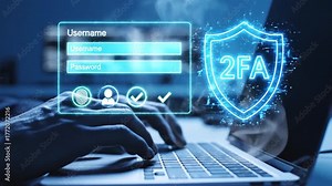 Person using laptop with a two-factor authentication interface, security shield visible