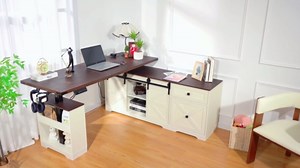 St.Mandyu L Shaped Electric Standing Desk 63" White with Power & Storage | File drawer, sliding door cabinet, cup holder, height adjustable, sturdy wood frame, home office for work/study/writing