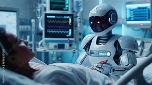 Medical robot assisting patient in high-tech hospital