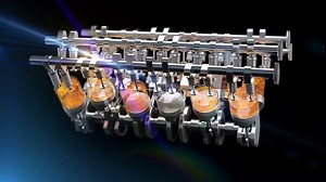 Fly around animated v12 engine with explosions and flames. Movement of the mandrel, camshaft, valves and other mechanical parts on dark background using optical flare effect.