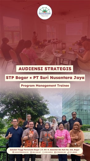 Sekolah Tinggi Pariwisata Bogor on Instagram: "✨ Audiensi untuk Masa Depan Karier ✨ STP Bogor melaksanakan audiensi bersama PT Suri Nusantara Jaya dalam rangka membahas peluang kerja sama Program Management Trainee. Langkah strategis ini menjadi bagian dari komitmen STP Bogor dalam menyiapkan lulusan yang siap kerja, berdaya saing, serta berorientasi pada kepemimpinan di industri pariwisata dan hospitality. Kolaborasi dunia pendidikan dan industri adalah kunci untuk mencetak profesional unggul y