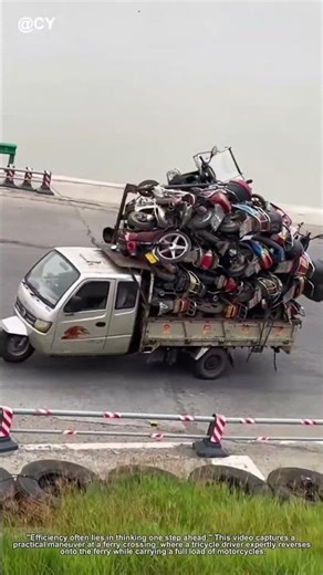 Reverse Loading: Skilled Tricycle Driver Backs Motorcycle Load onto Ferry