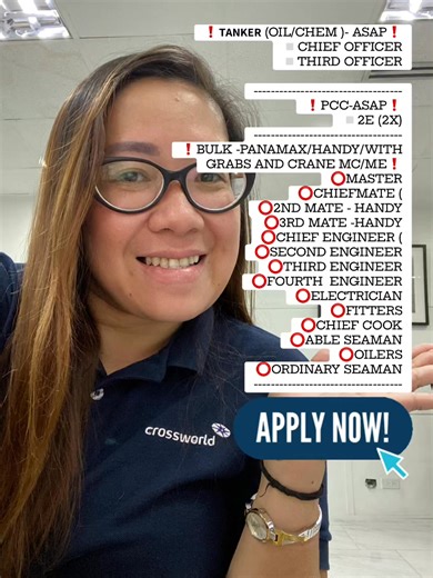 PTPA ＵＲＧＥＮＴ ＨＩＲＩＮＧ！！！ ＦＯＲ ＭＯＮＴＨ ＯＦNOV /DEC 📣 100 CREW NEEDED FOR CROSSWORLD MARINE SERVICES INC DMW LICENSE: 246-SB-05222025-R-MLC ❗𝗧𝗔𝗡𝗞𝗘𝗥 (OIL/CHEM )- ASAP❗ ▫️CHIEF OFFICER ▫️THIRD OFFICER ----------------------------------- ❗PCC-ASAP❗ ▫️2E (2X) ----------------------------------- ❗BULK -PANAMAX/HANDY/WITH GRABS AND CRANE MC/ME❗ ⭕️MASTER ⭕️CHIEFMATE ( ⭕️2ND MATE - HANDY ⭕️3RD MATE -HANDY ⭕️CHIEF ENGINEER ( ⭕️SECOND ENGINEER ⭕️THIRD ENGINEER ⭕️FOURTH ENGINEER ⭕️ELECTRICIAN ⭕️FITTERS ⭕️CHI