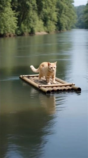 cat riding a bamboo raft