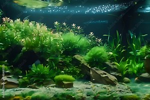 Freshwater Planted Aquarium, Aquascaping, Underwater Landscape Nature Forest Style, Aquarium Tank, Variety of Live Aquatic Plants, Generative AI Illustration
