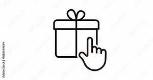 Gift box choose hand, click tap on box, line icon illustration animated. Present box, package buy in shop. Surprise on Christmas, birthday or holiday. Video 4K motion animation