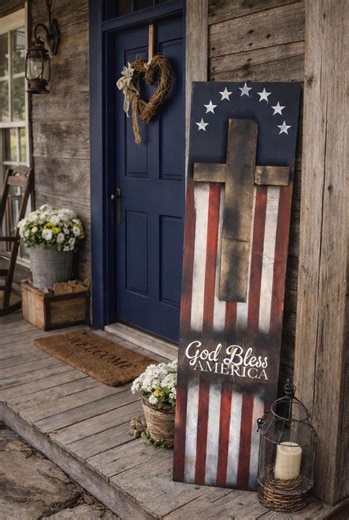 Hand-painted Patriotic Cross Flag Porch Sign: Americana Farmhouse Decor - Etsy