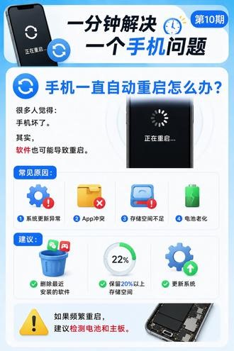 📱 一分钟解决一个手机问题（第10期）🔄 手机一直自动重启怎么办？ 很多人觉得： 手机坏了。 其实， 软件也可能导致重启。 常见原因： 📲 系统更新异常 📦 App冲突 💾 存储空间不足 🔋 电池老化 建议： ✅ 删除最近安装的软件 ✅ 保留20%以上存储空间 ✅ 更新系统 如果频繁重启， 建议检测电池和主板。