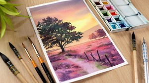Watercolor Sunset Painting: Learn to Paint Pink Sunset and Tree | Shiba Basan | Skillshare
