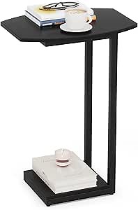 Hosfais Small Side Table End Table, C Shaped Barrel Coffee Table with Metal Frame, Wooden TV Tray for Living Room, Bedroom, Couch, Small Spaces (Black)