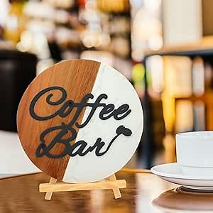 Coffee Bar Decor Accessories for Countertop: Natural Marble Wood Coffee Decor with Stable Stand 10" Modern Coffee Bar Sign Coffee Station Decor Coffee Sign for Coffee Table Decor Farmhouse Rustic Gift