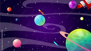 Animated, Illustration of a Cartoon Rocket Taking Off Depicting the Launch of a Product, Service, or Career with a Static Background of Space and Galaxy