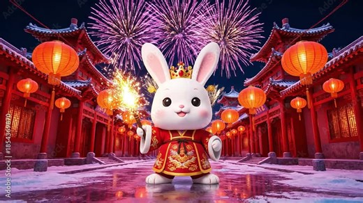 Cute cartoon bunny in traditional Chinese attire celebrating New Year with fireworks and lanterns