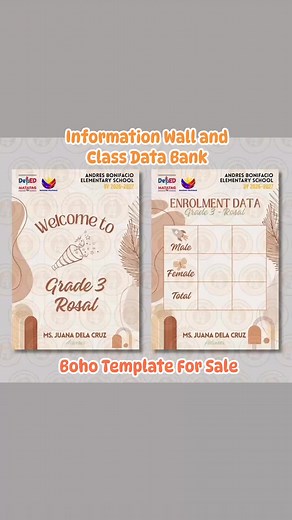 INFORMATION WALL and CLASS DATA BANK Editable Template (Canva Pro user) Template for Sale 🥰 INCLUSIONS: Code: IWCDB003 Boho Style ✅ Enrolment Data ✅ Birthday Chart ✅ Class Masterlist ✅ Class Achievers ✅ Daily Cleaners ✅ Age Profile ✅ Nutritional Status ✅ Reading Ability ✅ Quarterly MPS ✅ HRPTA Officers ✅ Classroom Officers ✅ Attendance Chart ✅ Physical Facilities ✅ DepEd Mission ✅ DepEd Vision ✅ DepEd Core Values ✅ Prayer Before Class ✅ Prayer After Class ✅ Announcement ✅ Updates ✅ Welcome Bann
