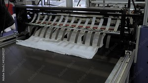 Cutting bag making machine with flat transparent polyethylene film at package exhibition, trade show. Manufacturing, recycling, industry and automated technology equipment concept