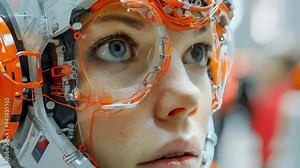 Female cyborg wearing futuristic high-tech outfit close up. Woman robot with white and orange helmet modern technology future cyberpunk