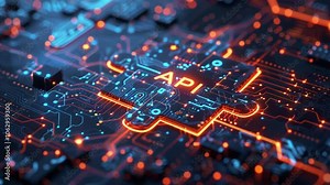 Digital representation of API integration concept with two interlocking puzzle pieces against a futuristic board, symbolizing connectivity and interoperability