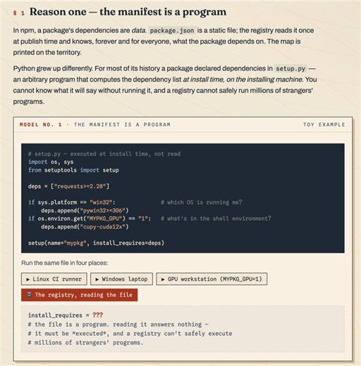 Never appreciated the madness of Python packaging until now.You need to execute an arbitrary program to figure out what dependencies are needed!Or rather this was the case prior to 2021.