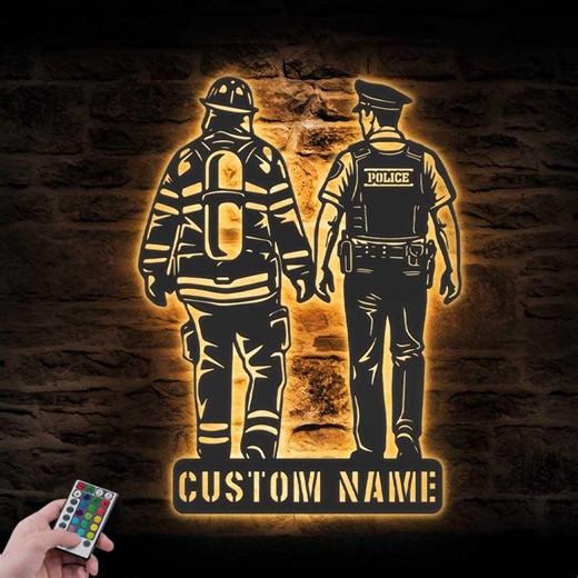 Custom Father Son Firefighter Police Metal Wall Art LED Light Personalized Fireman Policemen Name Sign Home Decor Fire Department Decoration - Etsy