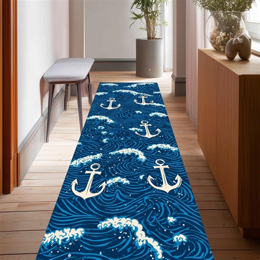 Nautical Anchor Runner Rug: Blue Ocean Waves Carpet, White Marine Pattern, Coastal Sea Theme Decor