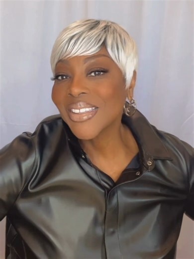 Wig: Outre Nola in color DR Silver Gray An easy install for a stunning look! #ebonyline #outre #outrehair #OutreWigPop #syntheticwig #graywig #shortwig #pixiewig #straightwig #fullwig #DRSLGR