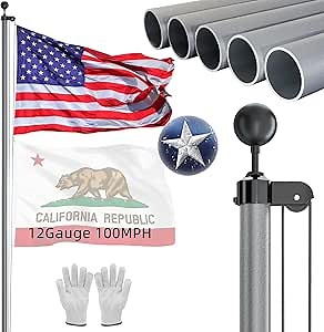 NELXINJO Heavy Duty 25FT Flag Pole -12 Gauge Extra Thick Aluminum Flagpole kit for Outside House,100MPH Wind Tested