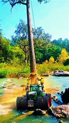 WAIT.. 🚨! John Deere 4x4 Tractor CUTS Massive Tree💪#johndeere#treecutting#tree#tractor#chainsaw#epic