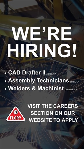We’re growing and we want YOU to be part of the Flory family! Now hiring in Salida, Live Oak, and Gridley for roles like: CAD Drafter II - Salida, CA Assembly Technicians - Salida, CA Welders & Machinists - Live Oak, CA …and more! Visit our Careers Page on our website to learn more and apply today. At Flory, we’re guided by Faith, Family, and Integrity — and we’d love to have you join us. https://goflory.com/career Innovation and support you can trust… We’ve got you covered! #GoFlory #Flory #Wer