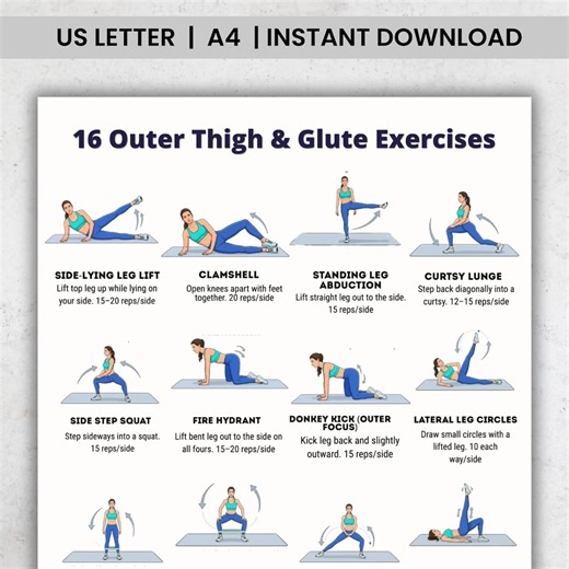 Outer Thigh and Glute Workout Printable | 16 Exercise Sheet | Home Workout Chart | Lower Body Exercises | Fitness Printable PDF - Etsy UK