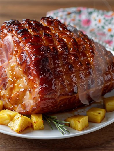 Ingredients → Ham 1 pre-cooked ham, bone-in or boneless, approximately 3.6 to 4.5 kg → Glaze 240 ml pineapple juice 110 g light brown sugar 60 ml soy sauce 60 ml honey 60 ml Dijon mustard → To serve 60 g fresh pineapple chunks, drained ..... Fυll ᖇecίpe in Coʍmеոτ 💬 | Tasty American Kitchen