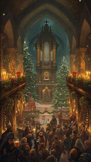 Holiday Pipe Organ Gathering with Christmas Trees and Gifts