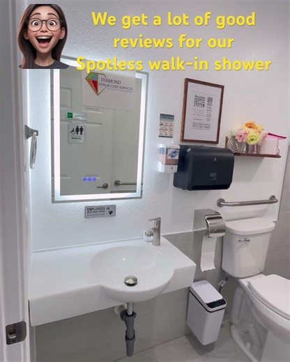 This is an ADA compliant walk in bathroom, equipt w/ shower chair, hand rails, chair type toilet.