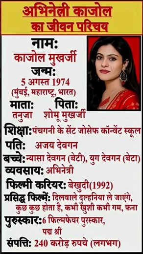 काजोल का जीवन परिचय 🤔/biography of Kajol||#actress #kajol #kajoldevgan #biography #gk #shorts