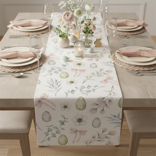 Spring Table Runner, Easter Table Runner, Floral Botanical Table Decor, Neutral Easter Decor, Polyester Table Linen - Etsy