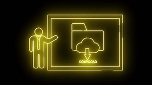 Download Illuminated design a figure gestures toward a download folder icon against a dark backdrop for free