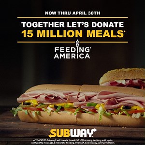 Your next sub could also help someone in need. We’re donating one meal to @Feeding America for every footlong purchased through April 30th! | Subway