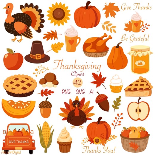 Thanksgiving Clipart: Autumn Graphic Elements, Vector Bundle (PNG, SVG, AI) - Etsy