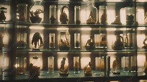 Jars in laboratory with strange alien species, insect reptile mutant chimeras. Animal experiments. Mad scientist laboratory. Horror or sci-fi movie theme, footage. Biohazard. Breeding.