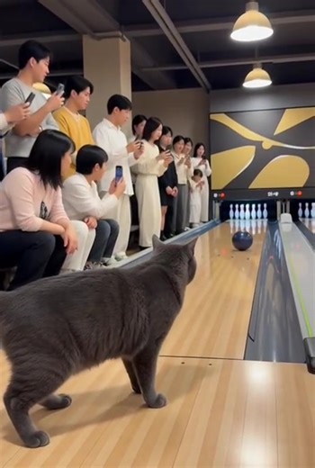 Cat Throws Perfect Strike in Real Bowling Alley Game 😳🎳 #catsoftiktok #bowlingstrike #crowdreaction #viralvideo #foryou