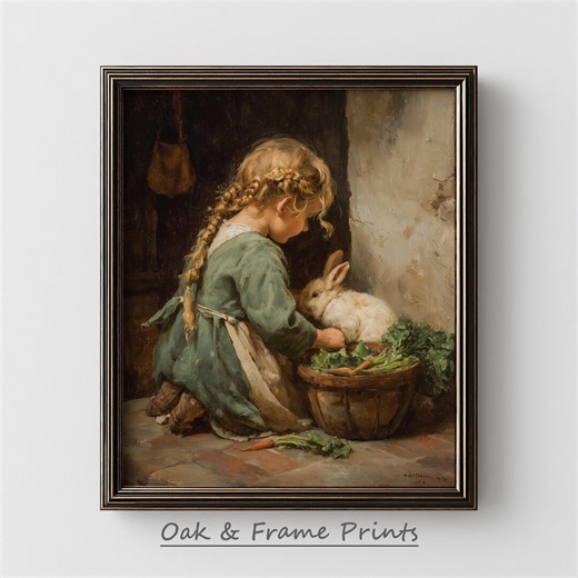 Vintage Cottagecore Girl Feeding Rabbit Art Print – Cozy Domestic Scene (digital Download) - Etsy