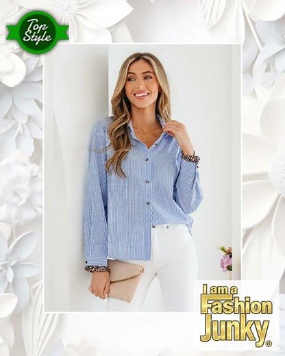 Sky Blue Stripe Contrast Frilled Leopard Trim Casual Long Sleeve Shirt