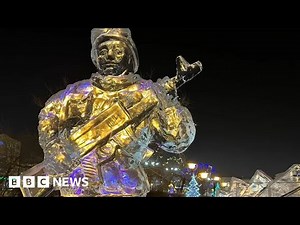 Christmas decorations replaced with ice sculptures of Russian soldiers - BBC News