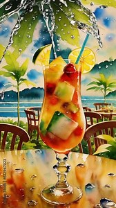 Cocktail on the beach, abstract creative watercolour animation, vertical